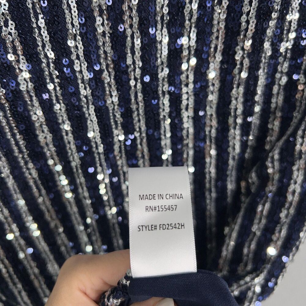 Anthropologie Flat White Dress Women Small Navy Blue Silver Sequin Striped Party - Picture 10 of 16